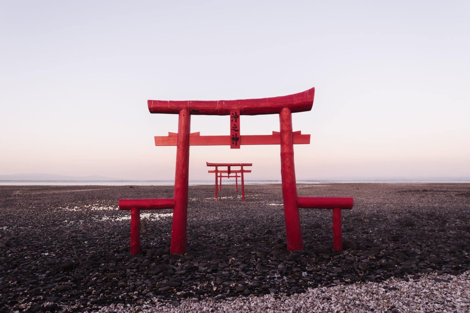 Red shrine on a beach in Japan