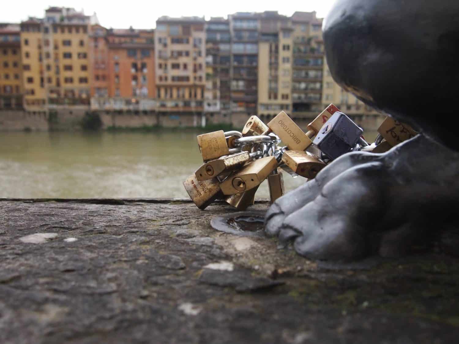 Locks near the Ponte Vecchio bridge in Florence, Italy.