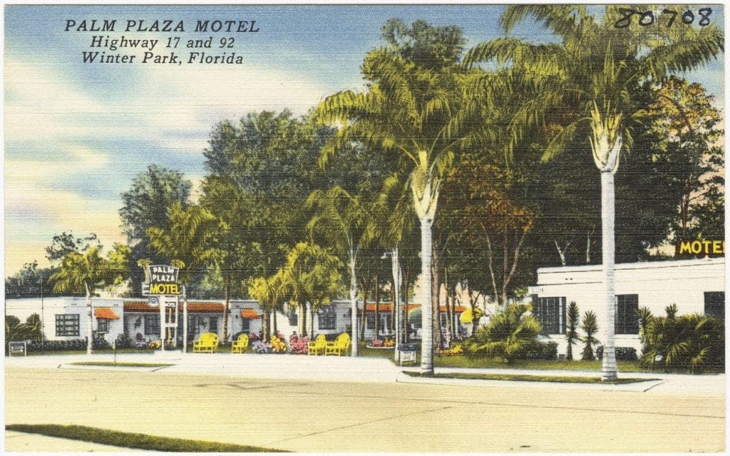 Vintage postcard of Palm Plaza Motel, Highway 7 and 92, Winter Park, Florida