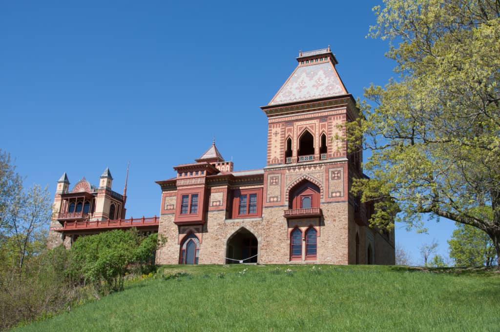 Spring view of Olana, historic home of Frederich Church along the Hudson River.