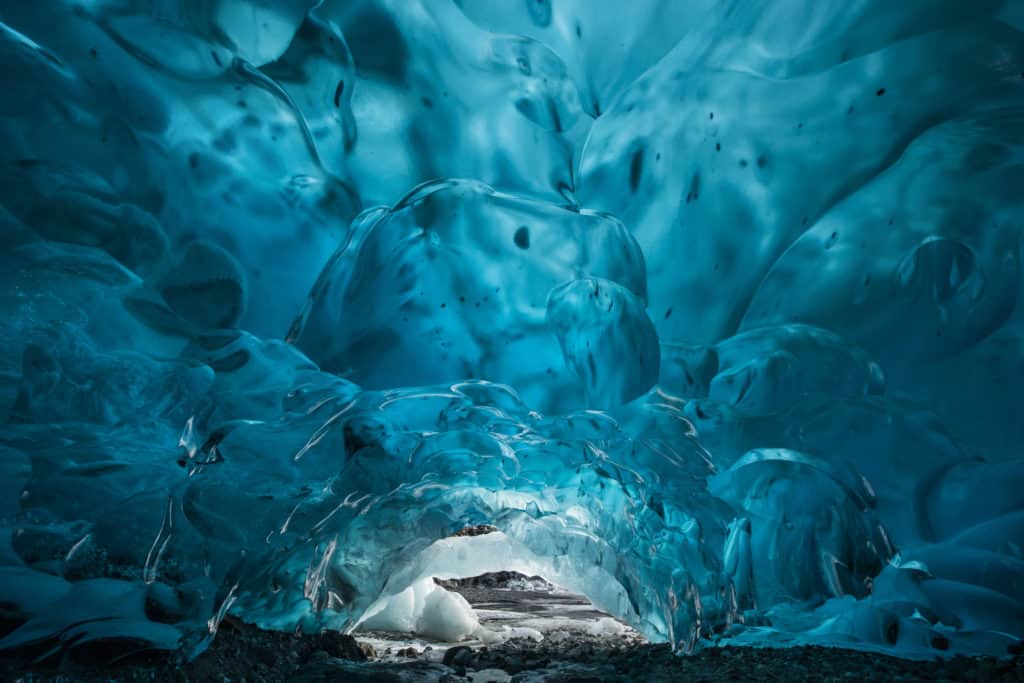 Blue glacial ice cave at Mendenhall Glacier.