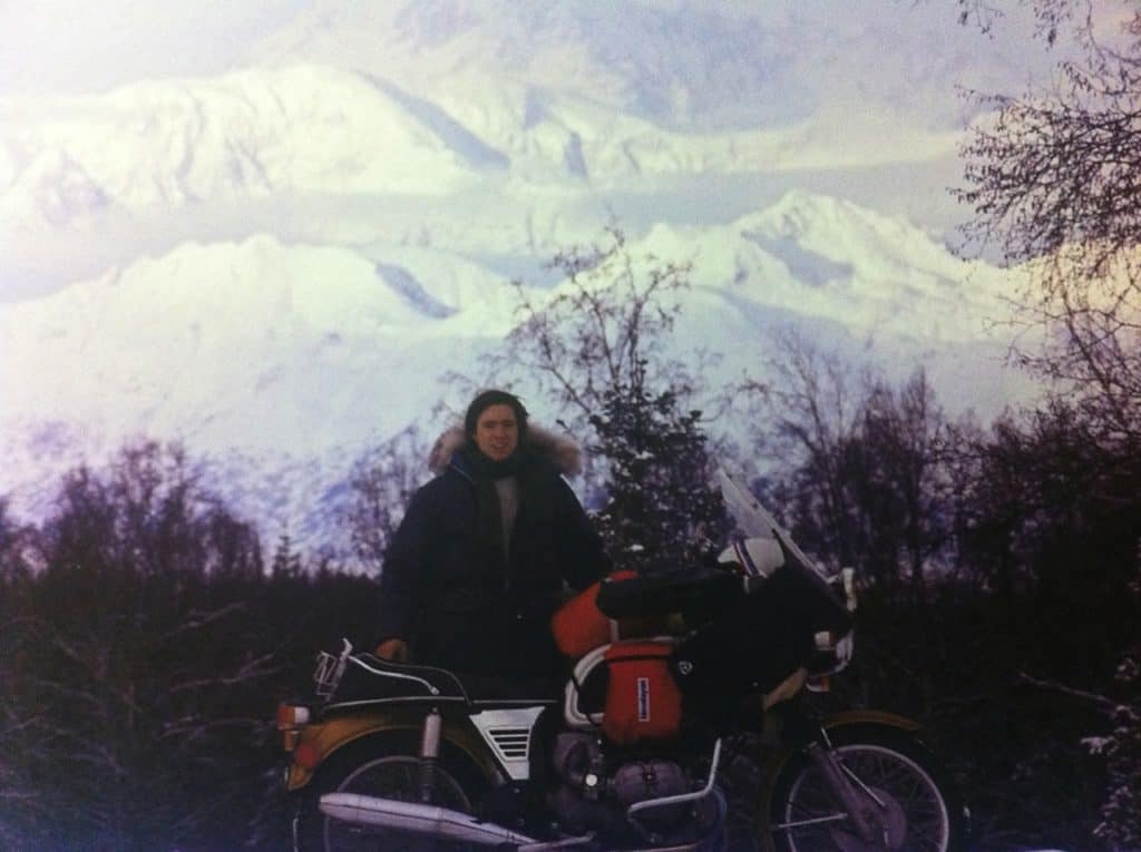John Binkley with his motorcycle on his journey from Alaska to Argentina.