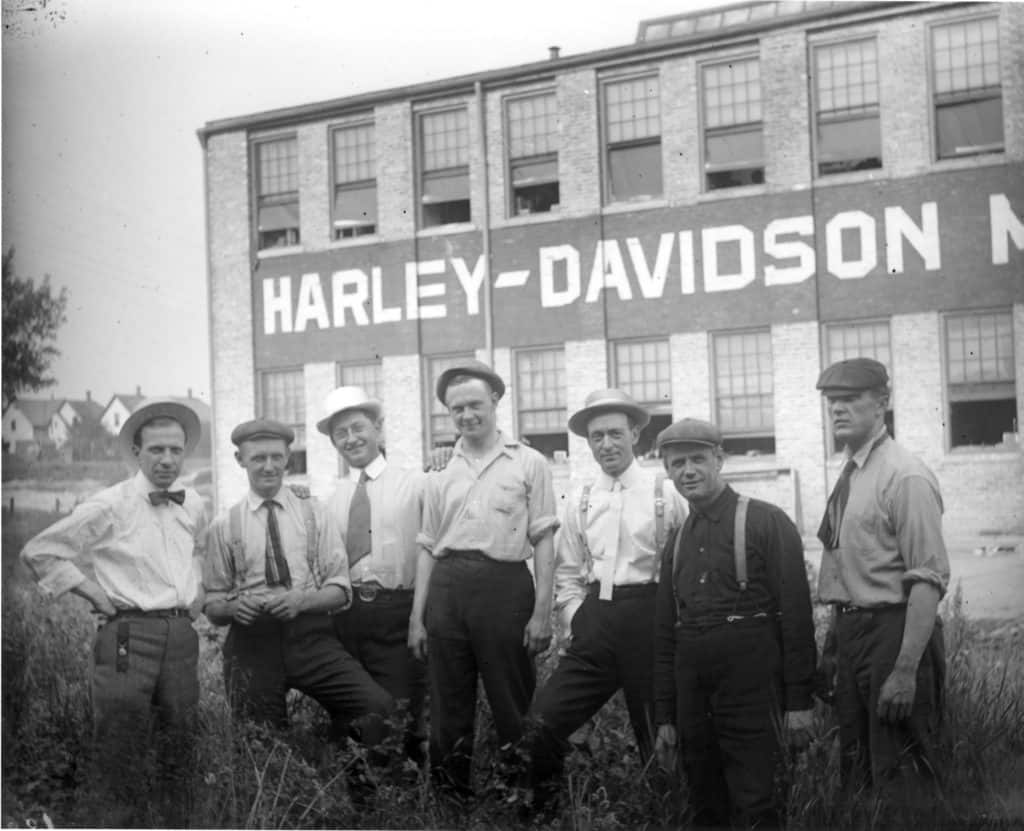 Harley-Davidson founders and a few other workers outside of the flagship factory.