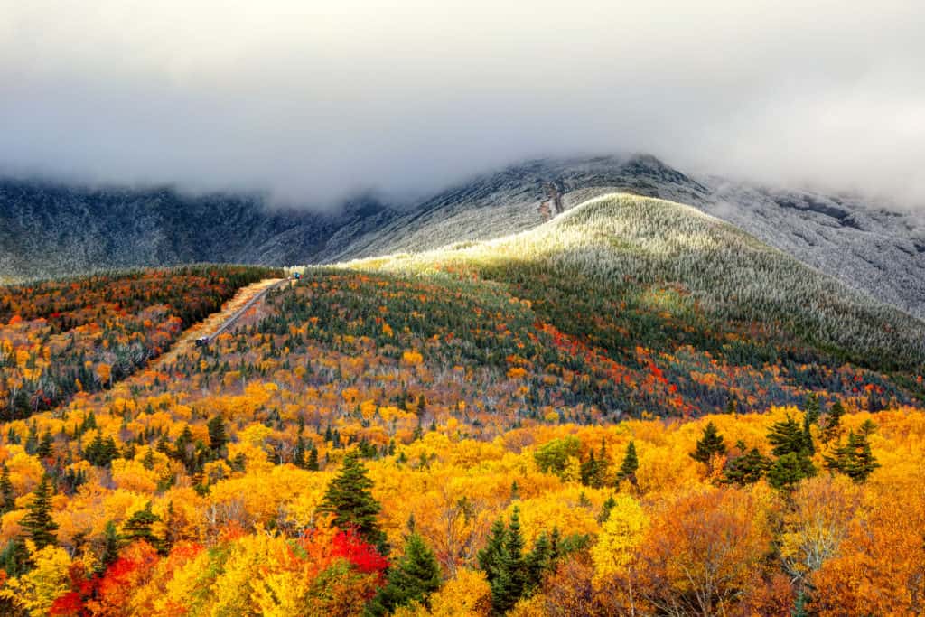 Autumn foliage and snow on the slopes of Mount Washington.