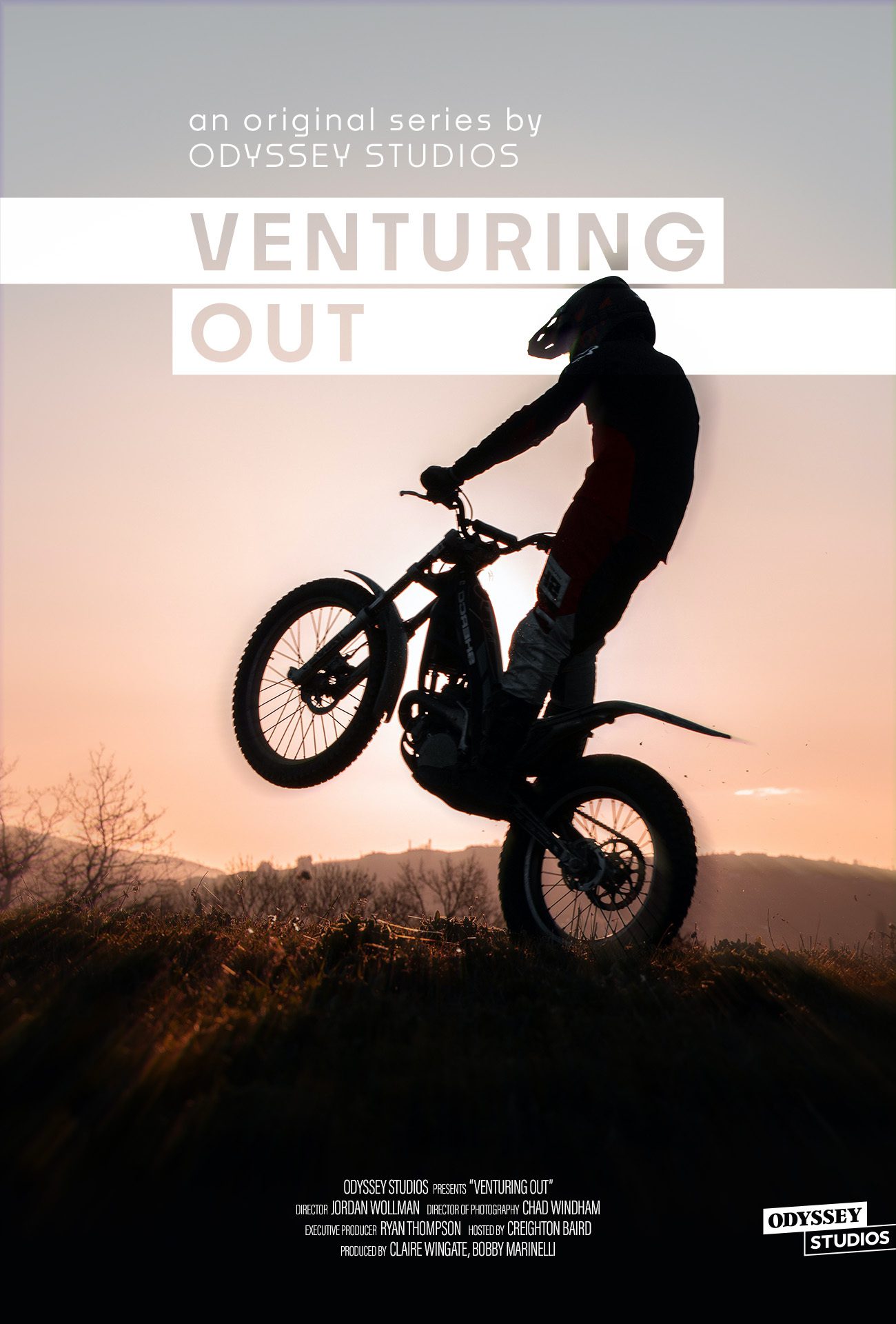 Venturing Out poster with someone making a jump on a dirt bike with the sun setting in the background