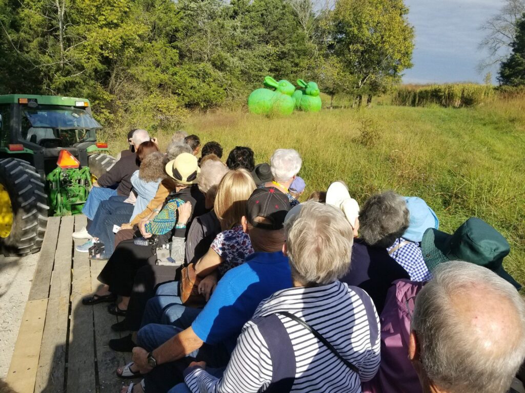 A group of people sit on benches in a wagon being pulled by a green tractor along a grassy path; in the distance are large green pumpkin decorations near some trees.