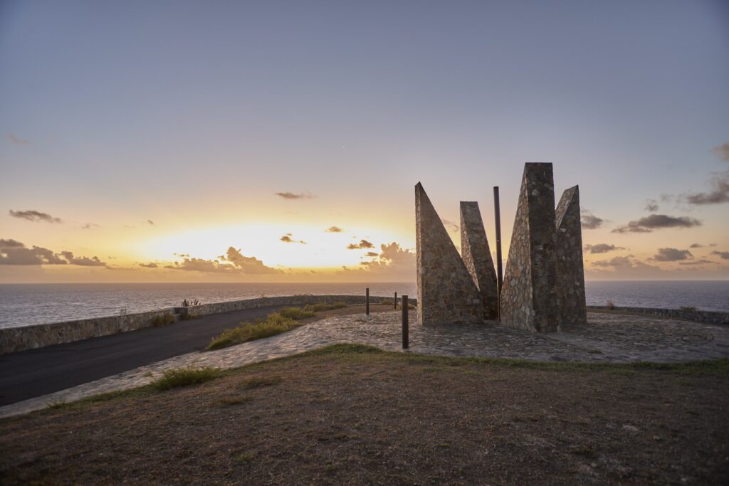 A sunrise at Point Udall's Millennium Monument. 