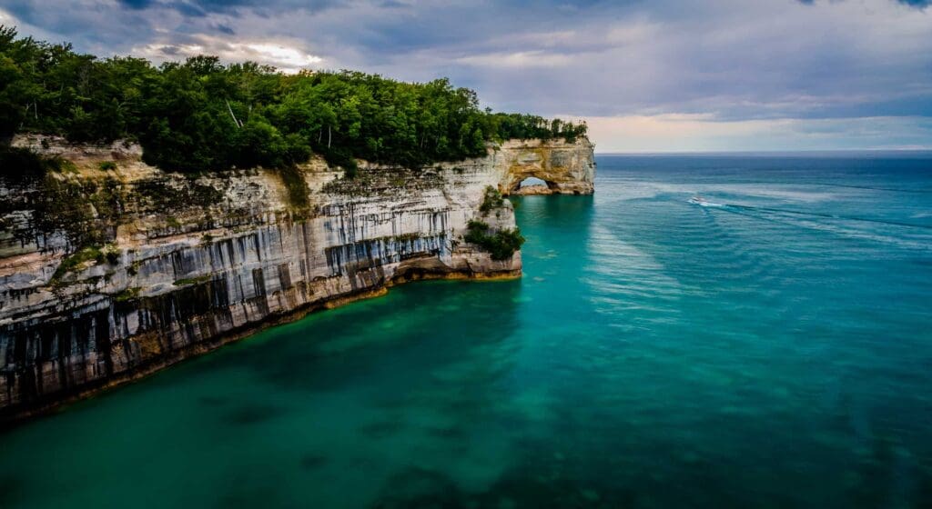 Low Arch at Pictured Rocks National Lakeshore.|Chapel Rock in Pictured Rocks National Lakeshore.|Apostle Islands.|Turnip Rock in Apostle Islands.