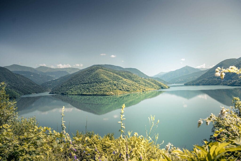 Scenic view of a calm lake surrounded by lush green hills and mountains under a clear blue sky. Vegetation with wildflowers is visible in the foreground, and the water reflects the landscape.
