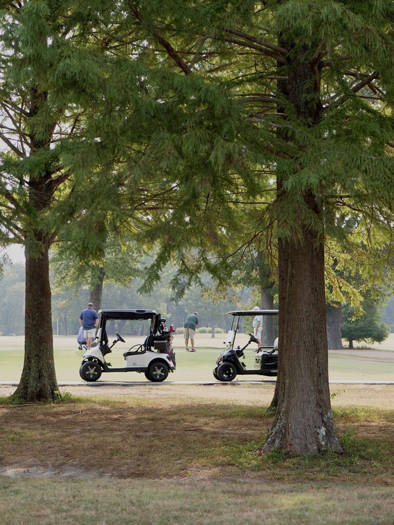 Two golf carts are parked on a golf course between tall trees. Several people with golf clubs are visible in the background, enjoying a sunny day. The scene is framed by green grass and tree trunks.