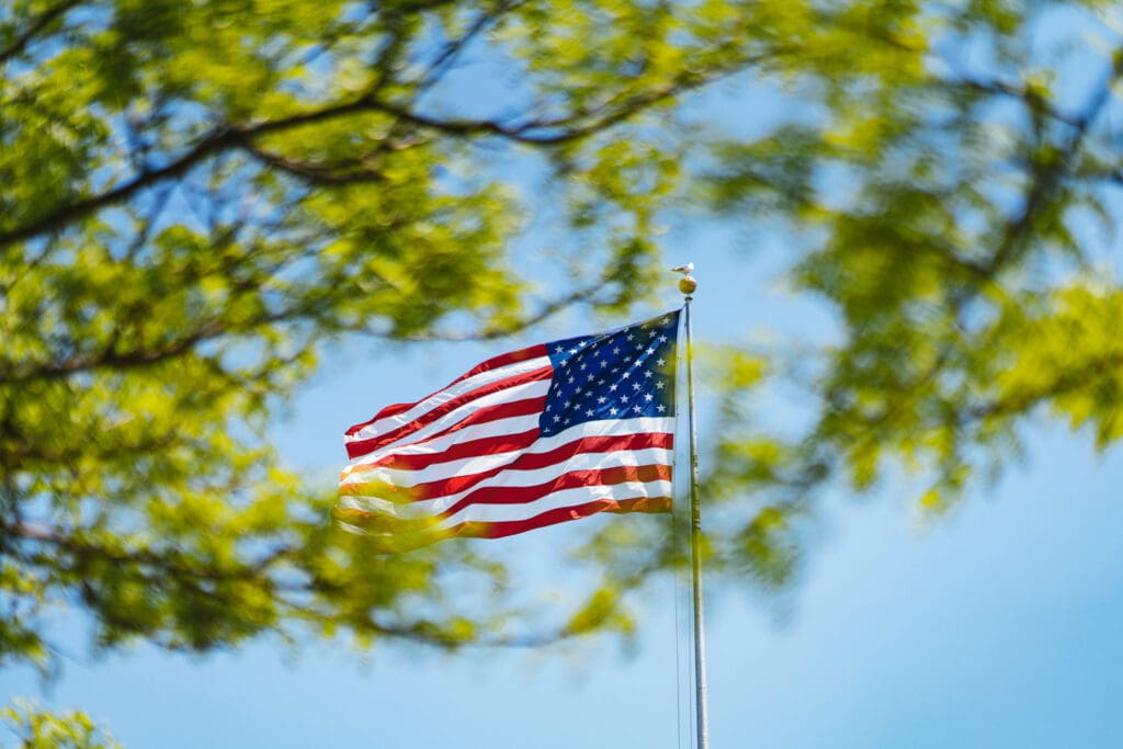 An American flag waves atop a flagpole against a clear blue sky, framed by the branches and green leaves of a nearby tree. The bright sunlight illuminates the flag and the leaves, creating a vibrant, natural scene.
