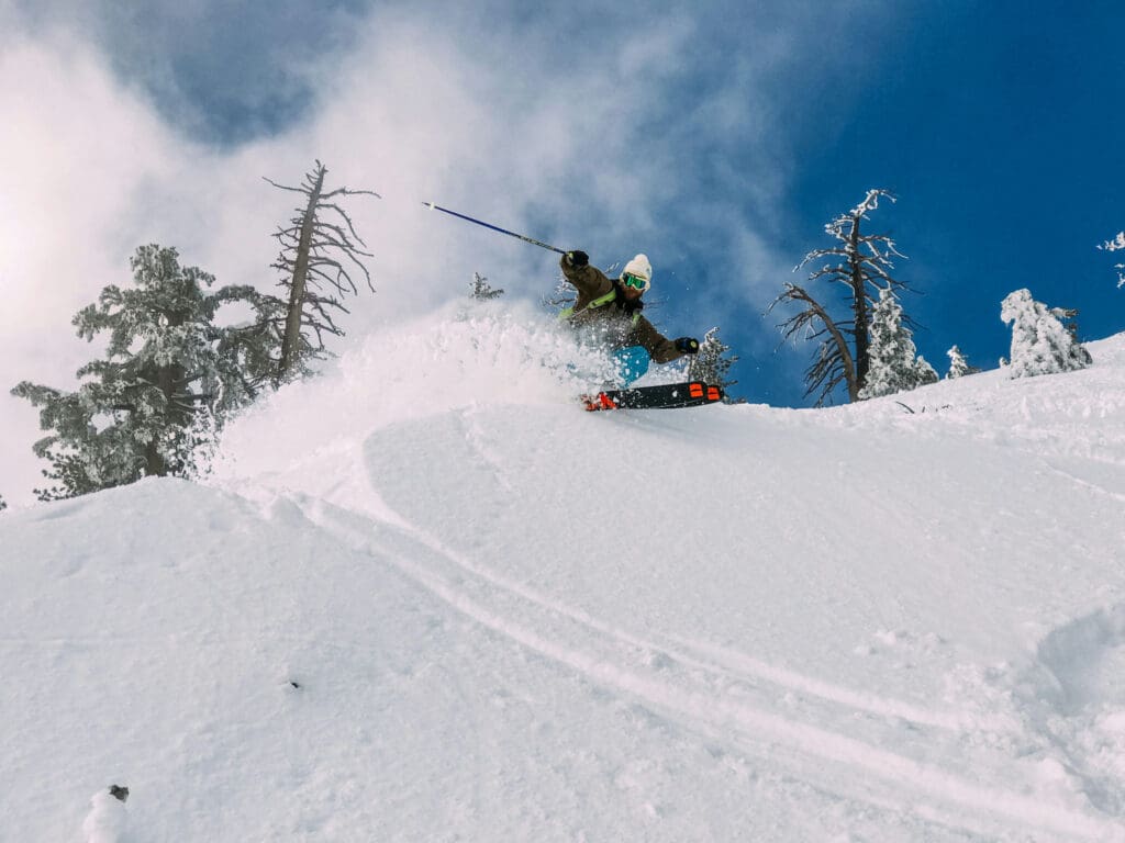 A skier in colorful gear navigates a snowy slope, kicking up powder under a clear blue sky. Snow-covered trees are visible in the background. The skier holds poles and appears to be performing a dynamic turn.