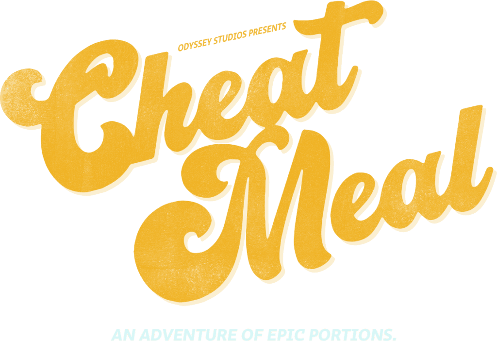 Yellow text reads Odyssey Studios presents Cheat Meal in a playful, bold script. Below, smaller white text says An adventure of epic portions. The background is green.