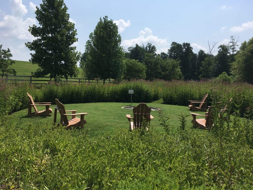 A circular arrangement of wooden chairs on a grassy area surrounded by tall plants and trees under a blue sky with scattered clouds. A small sign is visible in the center of the grass circle.