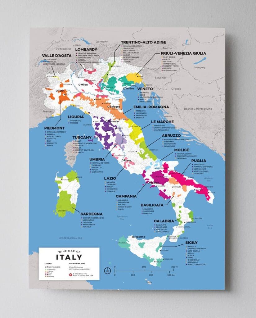 Map of Italy highlighting wine regions in various colors. Regions like Tuscany, Piedmont, and Veneto are labeled with distinct hues. The map shows surrounding countries and seas, with a legend in the bottom left corner.
