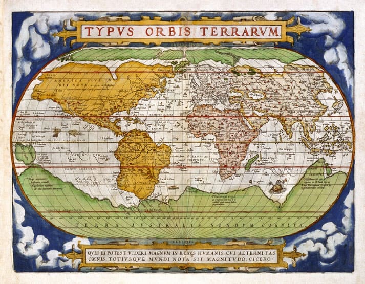 Antique world map titled Typus Orbis Terrarum, featuring continents and oceans with illustrated decorative elements. The map showcases the world as known in the late 16th century, framed with Latin text.