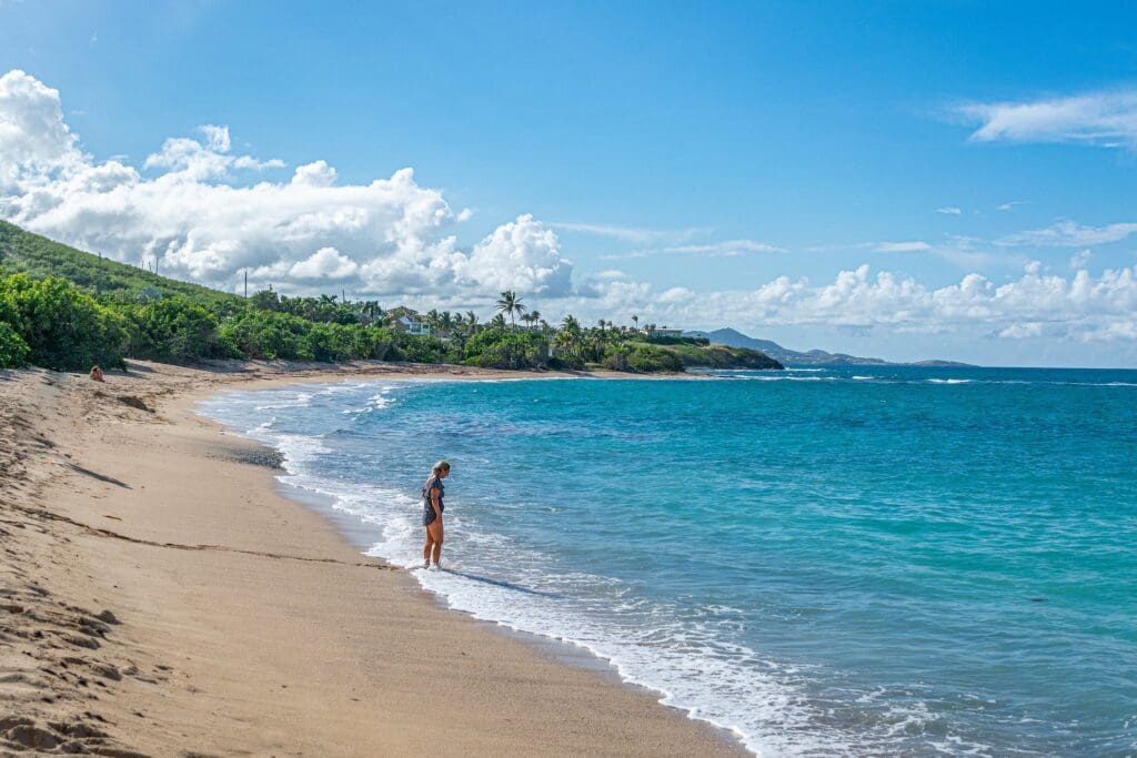 A person in a swimsuit stands at the shoreline of a sandy beach, with gentle waves approaching. The sky is clear with a few clouds, and lush greenery lines the coast in the background.