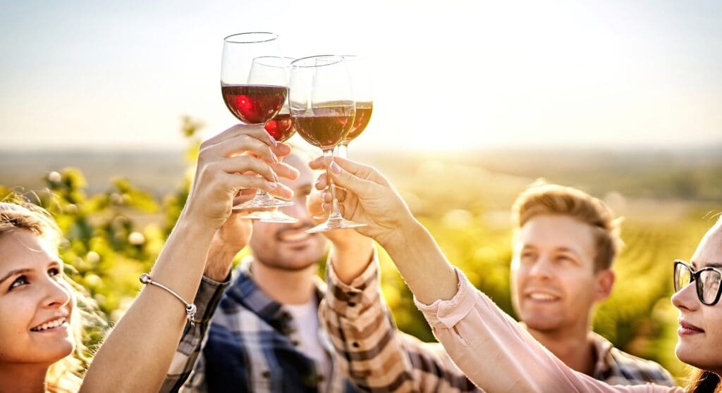 Happy people enjoying harvest time together at farmhouse winery countryside - Youth and friendship concept - Toasting red wine glass at vineyard before sunset - Focus on the wine glass|