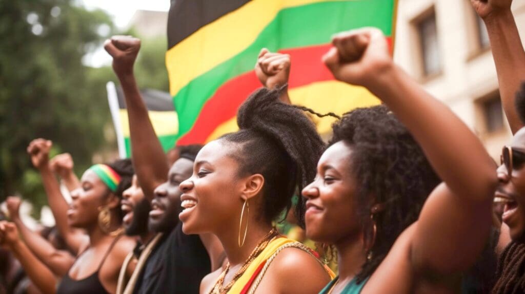 A group of people joyfully raising their fists in the air, with vibrant flags featuring green, yellow, red, and black stripes in the background. They are outdoors, showing a sense of unity and celebration.