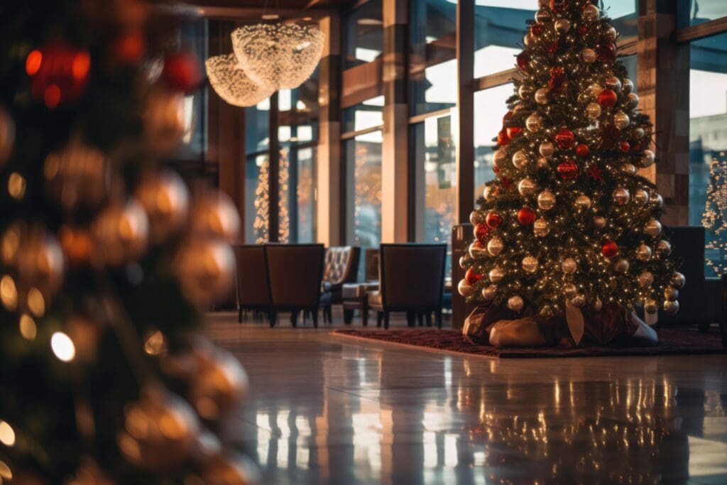 A warmly lit room features a large Christmas tree adorned with red and gold ornaments, and twinkling lights. A smaller tree is blurred in the foreground. Elegant seating is visible in the background under modern chandeliers.