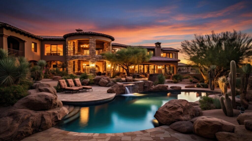 Luxurious desert mansion at sunset with a large pool and rock waterfall in the foreground. The house features large windows, stone accents, and outdoor seating. Surrounded by desert plants and cacti under a colorful sky.