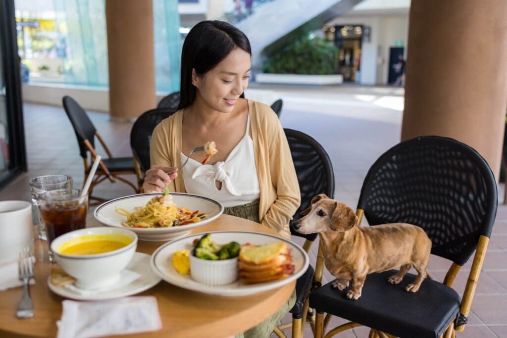 A woman sits at an outdoor café table eating pasta while smiling at a small dog standing on a chair beside her. The table is set with drinks, soup, and a plate of vegetables. The café is in an open area with large pillars.