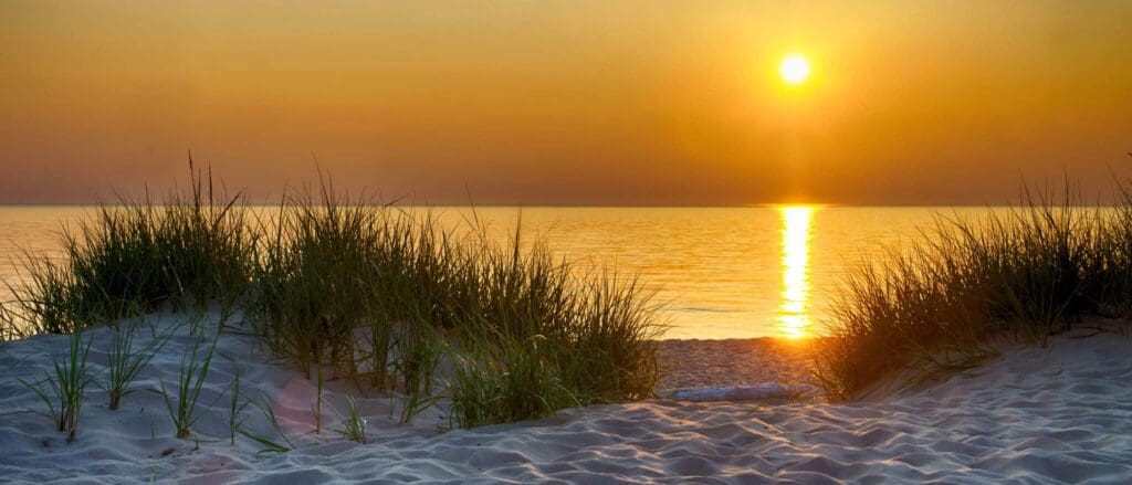 Sunset over a calm ocean, with the sun casting a golden reflection on the water. The foreground features sand dunes with tall grass gently swaying in the breeze, creating a serene and picturesque beach scene.