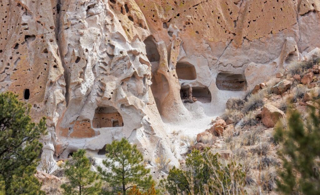 Cliff dwellings with carved openings in a rocky, eroded surface, surrounded by sparse vegetation and small trees. The rock face displays natural patterns and textures, typical of ancient habitation sites.