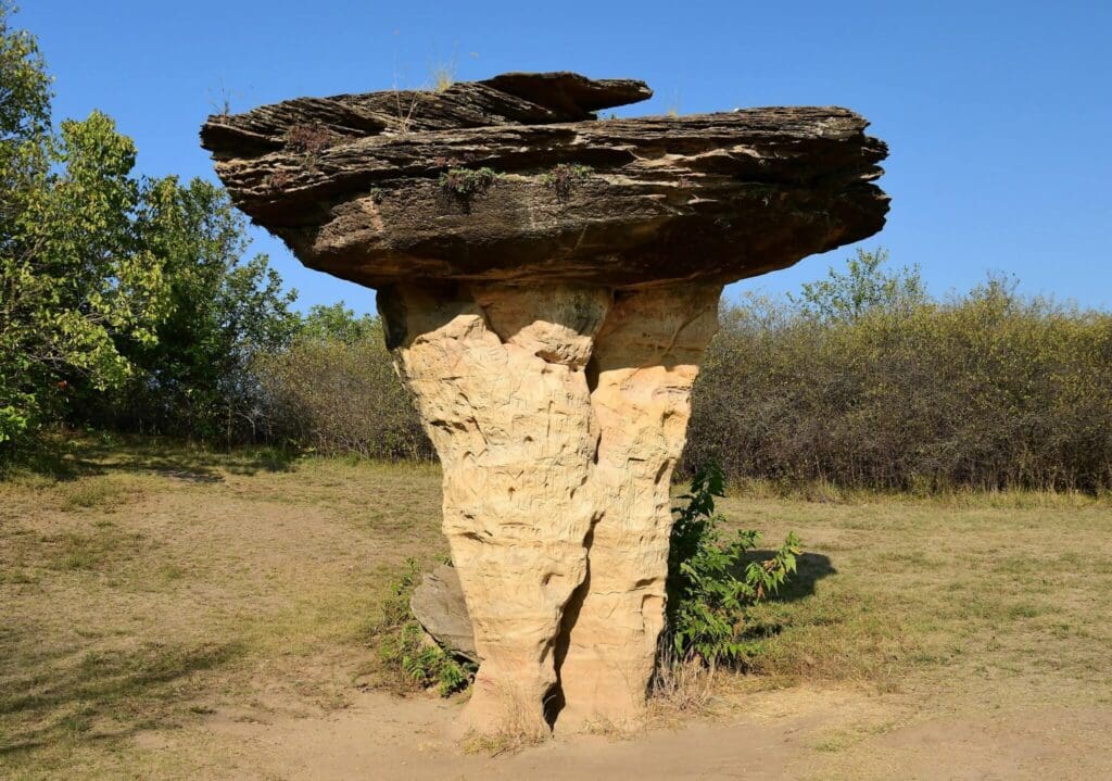 A large, mushroom-shaped rock formation stands in a grassy area under a clear blue sky. The top is wide and flat, resembling a cap, while the narrow base resembles a stem. Sparse vegetation surrounds the formation.