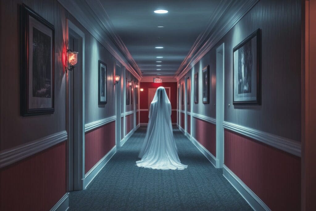 A dimly lit hallway with red walls and framed pictures. A person wearing a long white dress stands in the center, facing away, under a ceiling light. An exit sign is visible in the distance, casting a soft red glow.