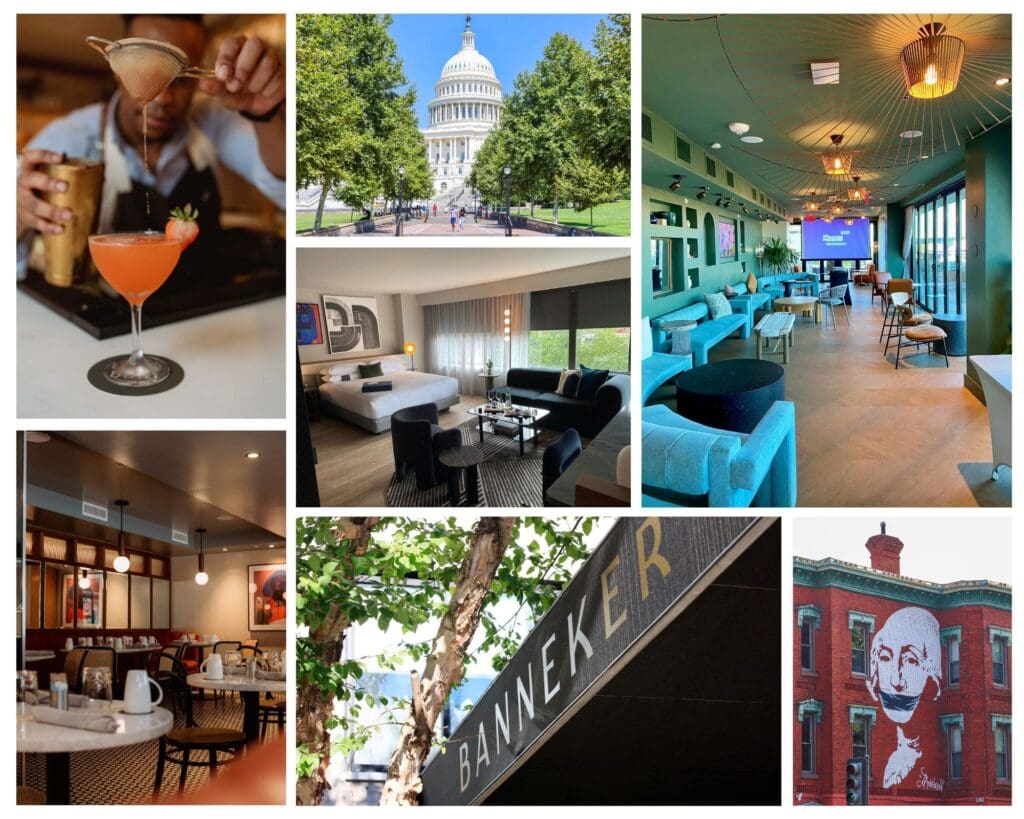 Collage of Washington D.C. scenes: a bartender making a cocktail, the U.S. Capitol, a modern living room, a stylish bar, a cozy restaurant, a sign reading BANNEKER, and a mural on a brick building.