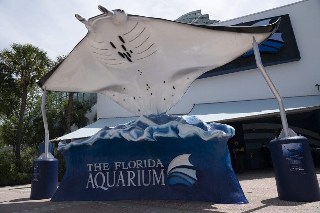A large manta ray sculpture with The Florida Aquarium sign is displayed outside a building. The sculpture is adorned with blue waves at its base. Palm trees and part of the building are visible in the background.