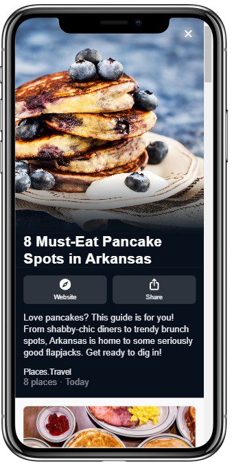 A phone screen displays an article titled 8 Must-Eat Pancake Spots in Arkansas, featuring a stack of blueberry-topped pancakes drizzled with syrup. Below are images of various pancakes. The article promises a guide to the best pancake places in Arkansas.