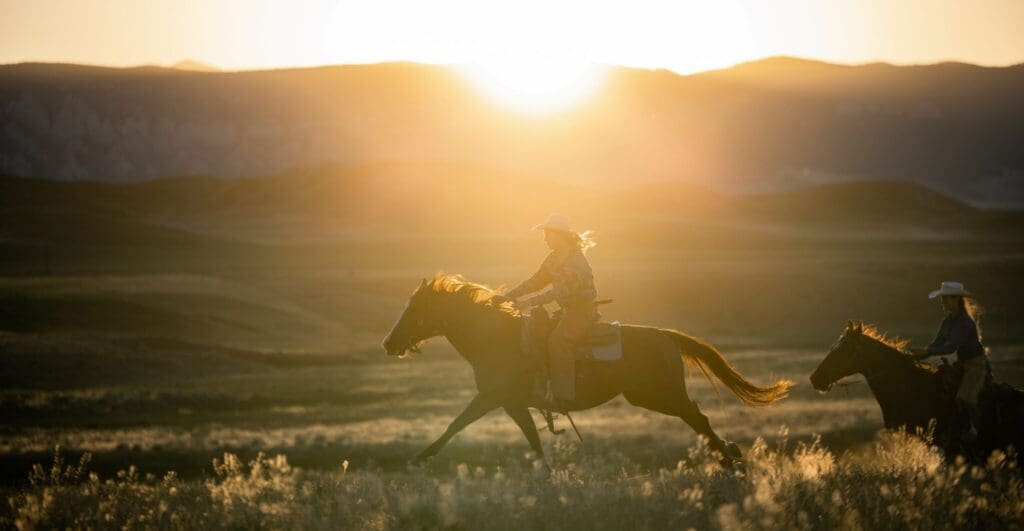 Two people on horseback ride through a grassy field at sunset, with mountains in the background. The sun casts a warm glow, creating a silhouette effect. Both riders wear cowboy hats, enhancing the western scenery.