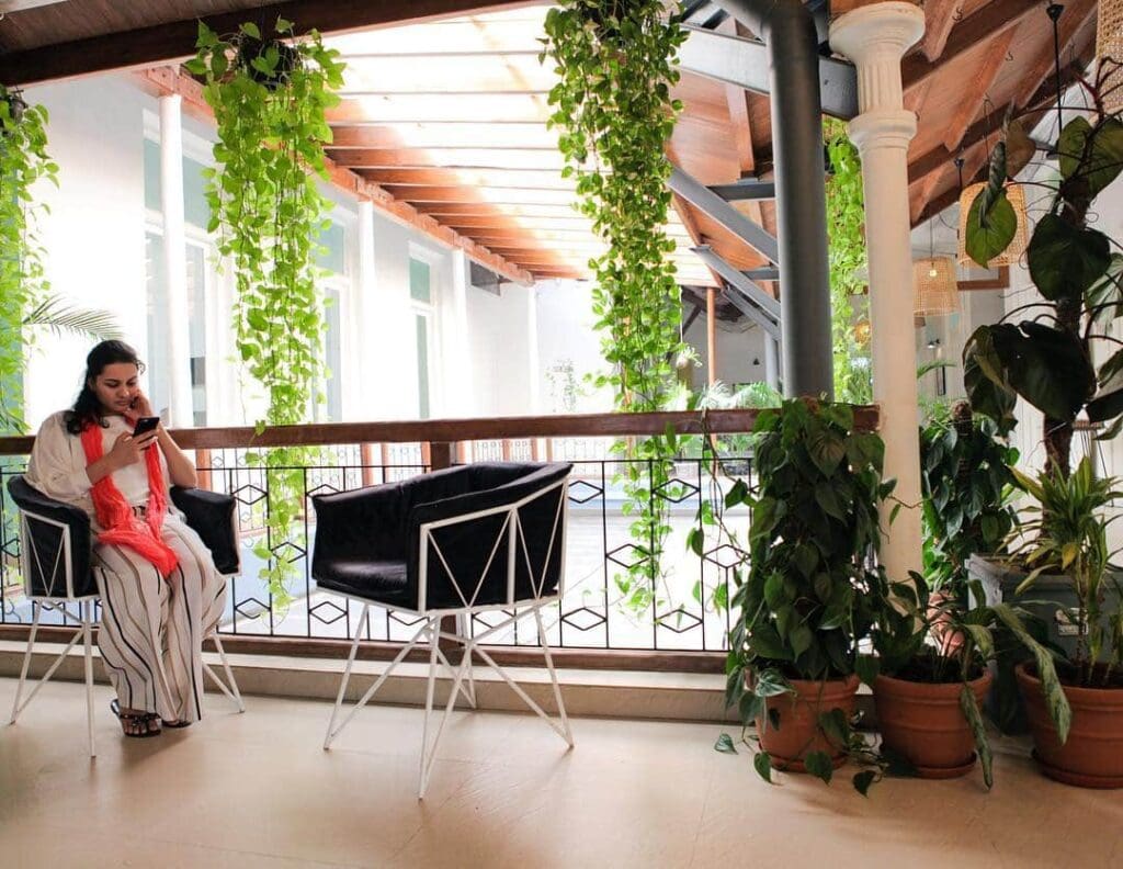 A woman in a white outfit with a red scarf sits on a black chair, using her phone. She is in a bright, plant-filled indoor space with a wooden ceiling and hanging plants, creating a calming atmosphere.