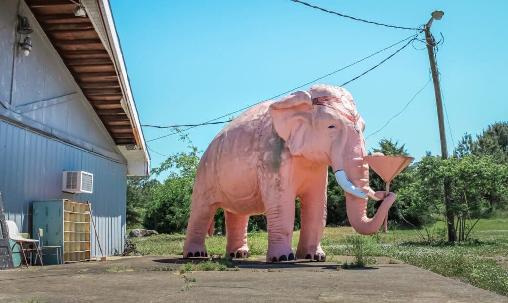 A large pink elephant statue stands on a concrete surface near a building with blue siding. The elephant holds a martini glass with its trunk. There are green trees and a grassy area in the background under a clear blue sky.