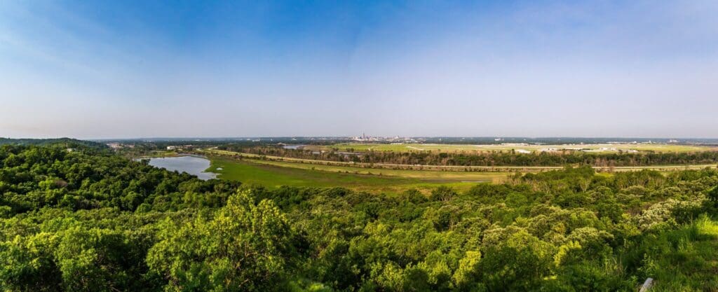 A panoramic view of a lush, green landscape with dense forests in the foreground and a winding river. Flat plains stretch towards the horizon under a clear blue sky, with a distant city skyline barely visible.