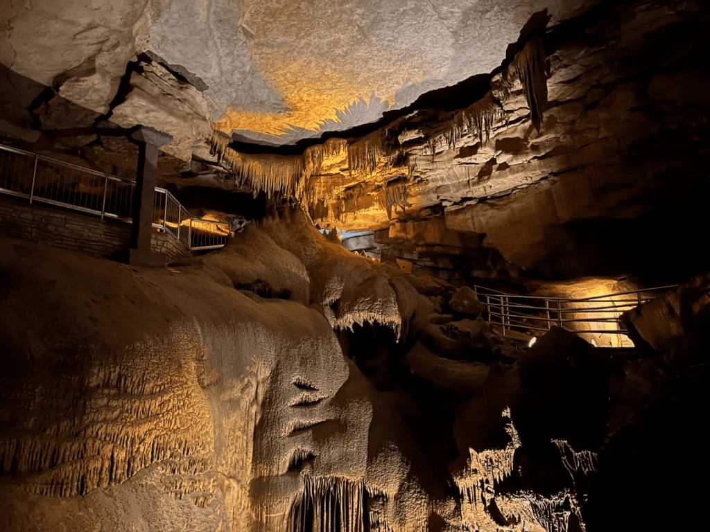 A dimly lit cave interior features stalactites and stalagmites with intricate rock formations. Railings and lights guide a pathway for visitors through the cavern, highlighting the textures and natural beauty of the cave surfaces.