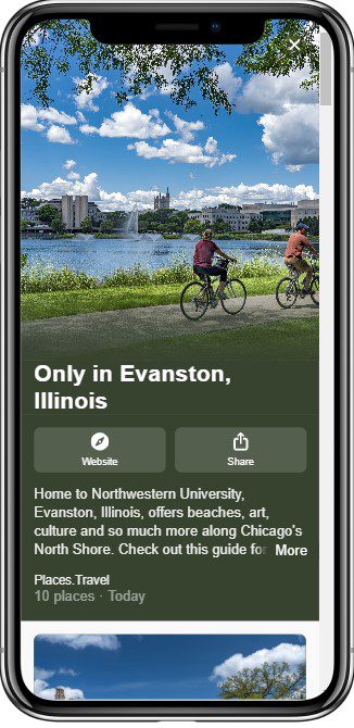 A smartphone screen displays a travel guide for Evanston, Illinois. The image shows two people cycling on a path next to a body of water with buildings in the background under a blue sky with clouds.