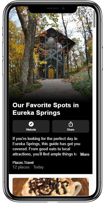 A smartphone displays a travel app featuring Eureka Springs. The main image shows a modern building amidst tall trees. The screen mentions favorite spots in Eureka Springs and includes a picture of a dessert with chocolate drizzle.