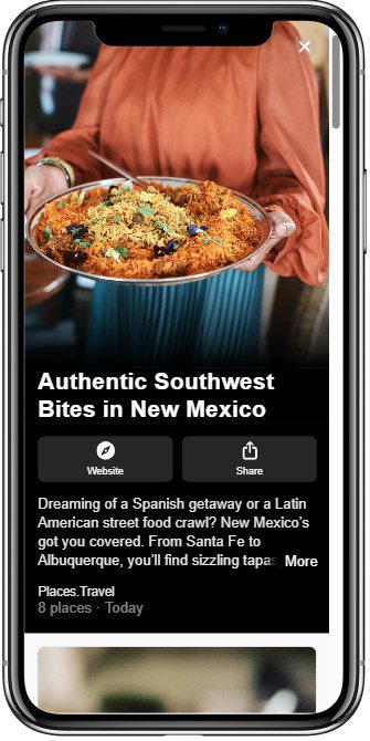 A person in an orange blouse holds a large platter of seasoned rice with garnishes. The phone displays text about authentic Southwest food in New Mexico, inviting readers to explore local street food and tapas.