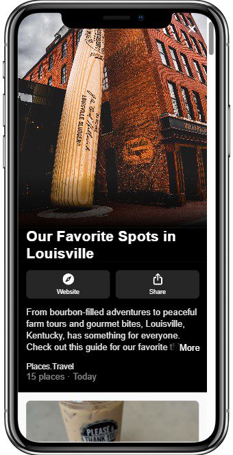 An iPhone displays a Pinterest page featuring a large baseball bat sculpture leaning against a red brick building in Louisville. The text mentions Our Favorite Spots in Louisville and highlights attractions like farm tours and gourmet bites.