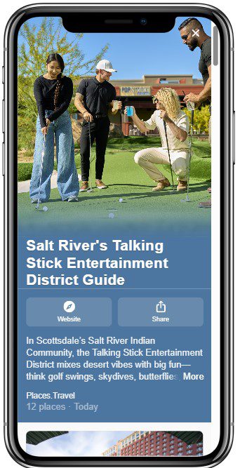 Four people are playing mini-golf outdoors on a sunny day, smiling and having fun. The screen displays a guide titled Salt Rivers Talking Stick Entertainment District Guide on a smartphone.
