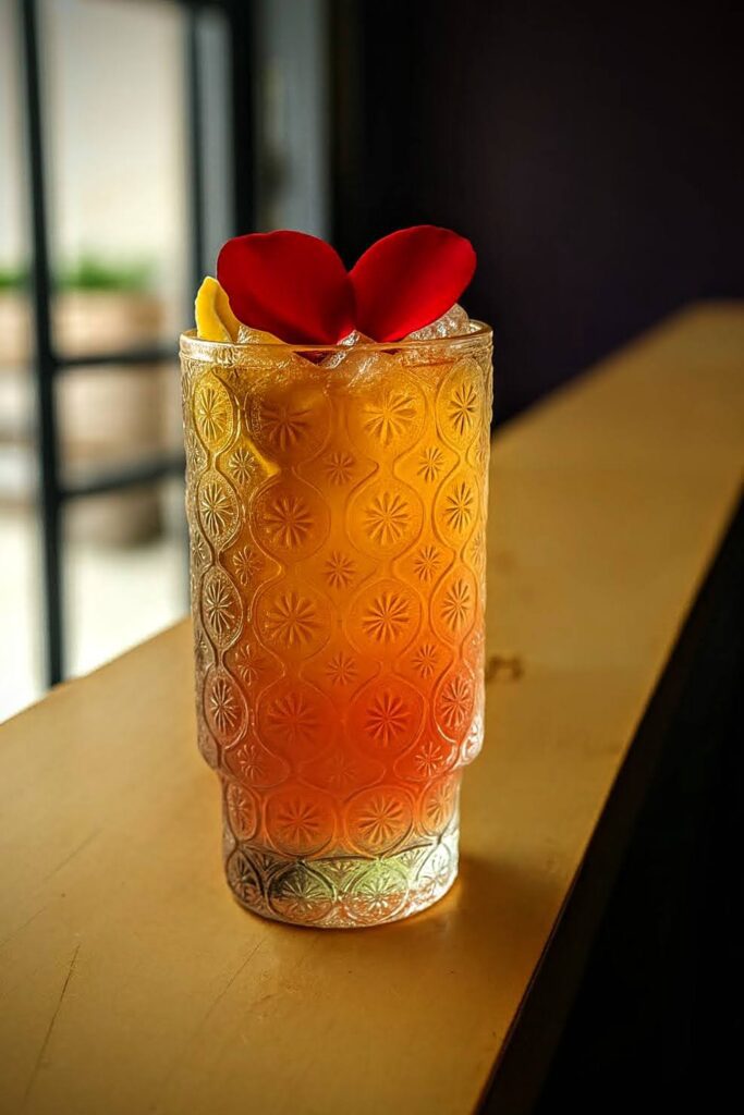 A decorative glass filled with an orange-red iced drink, garnished with two red rose petals and a twist of lemon, sits on a wooden surface with soft natural light in the background.