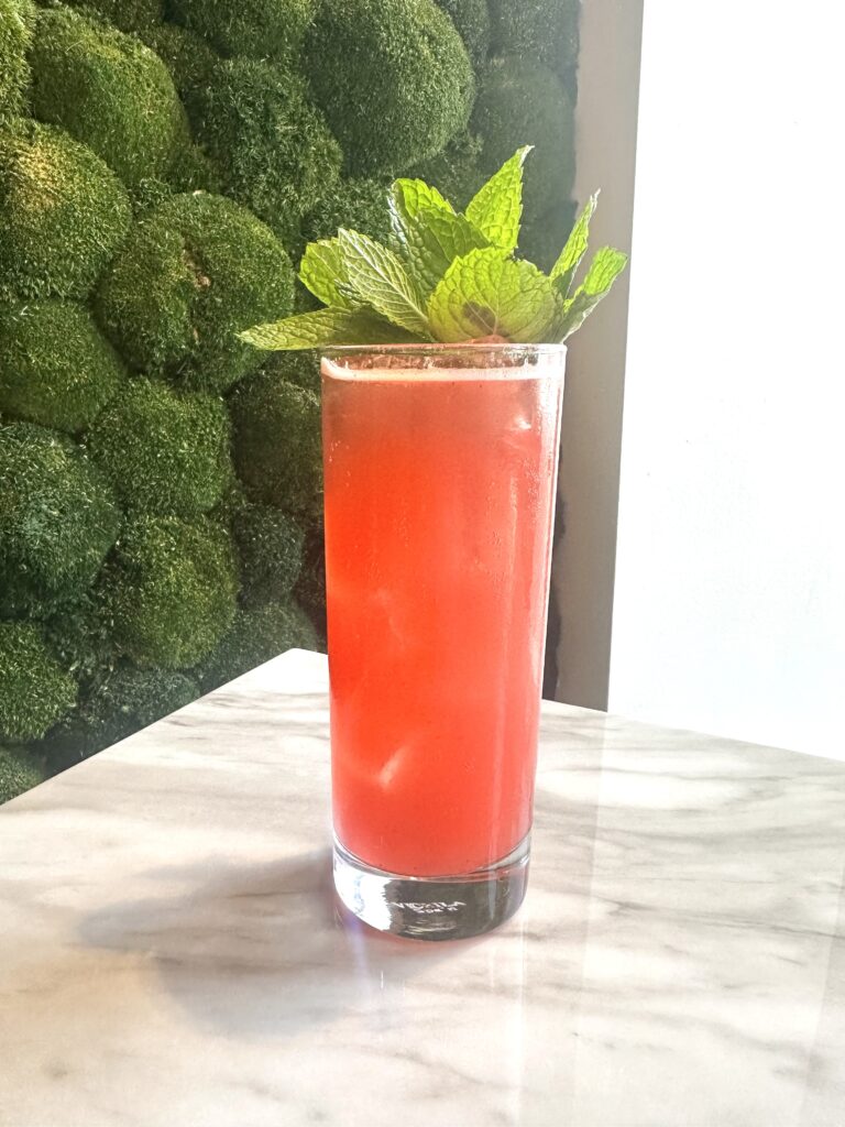 A tall glass of red iced drink garnished with a sprig of fresh mint sits on a marble surface, with a green moss wall in the background.