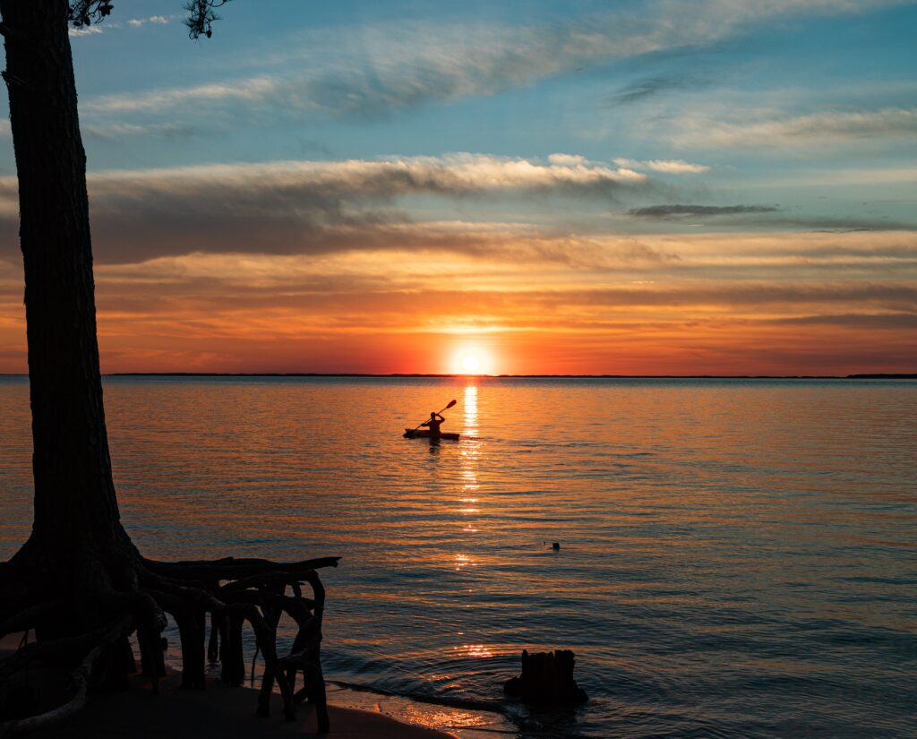 A person paddles a kayak on calm water during a vibrant sunset, with orange and blue hues reflecting on the lake. Silhouetted trees and roots frame the shoreline in the foreground.