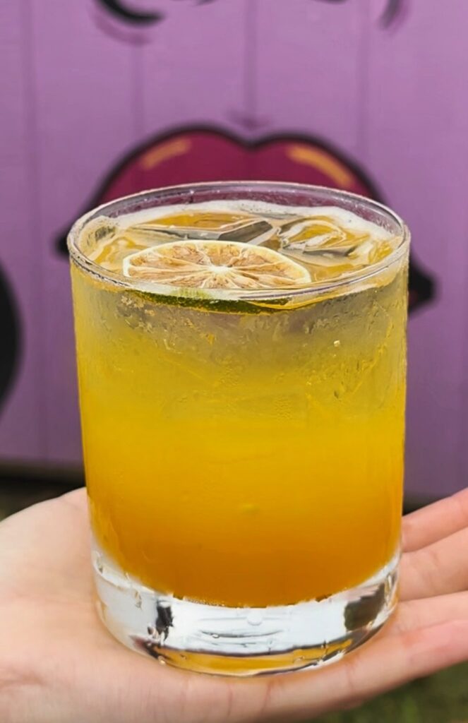 A hand holds a glass of bright yellow-orange drink with ice cubes and a dried citrus slice garnish, against a blurred background with purple and pink tones.