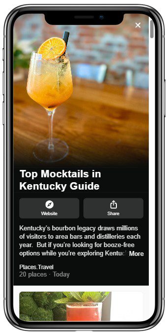 A smartphone screen displays an article titled Top Mocktails in Kentucky Guide with an image of an orange mocktail garnished with an orange slice and mint, placed on a table.