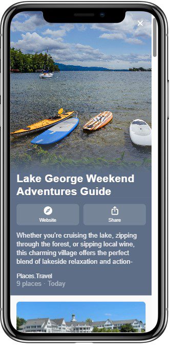 Smartphone screen displaying a guide titled Lake George Weekend Adventures Guide with an image of kayaks and a paddleboard on a pebbled lakeshore and scenic lake view in the background.