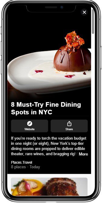 A smartphone displays an article titled 8 Must-Try Fine Dining Spots in NYC with a photo of a chocolate dessert topped with caramel and garnished with edible gold on a white plate.